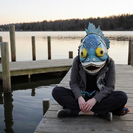 11556-929473940-_lora_SDXL_Mask_Sa_May_1_ mask,  a person sitting on a dock with a fish mask on.png